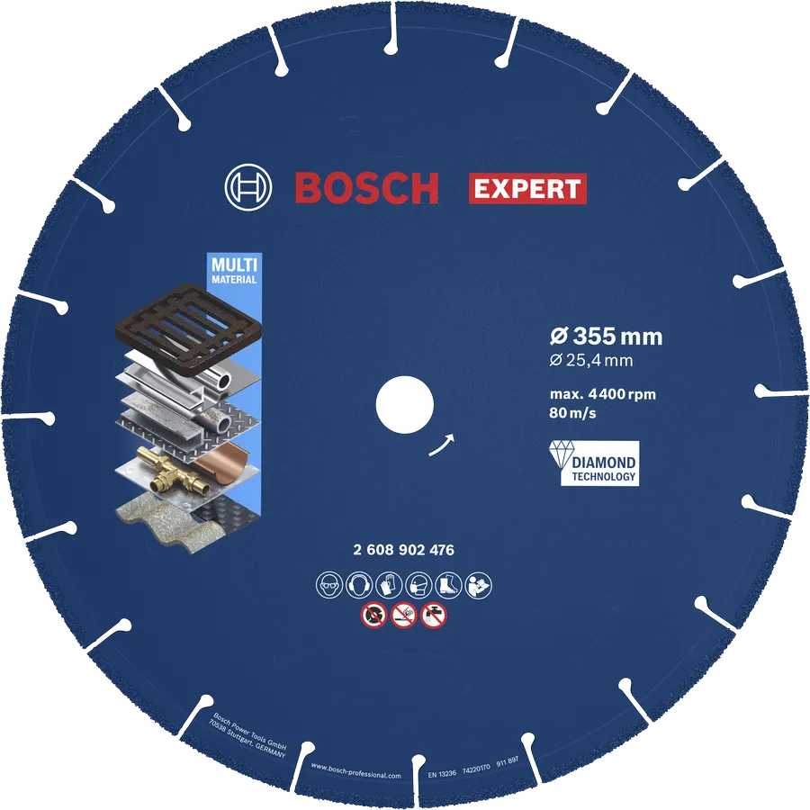 Diamantový řezný kotouč Bosch EXPERT Metal 355 mm pro více materiálů.